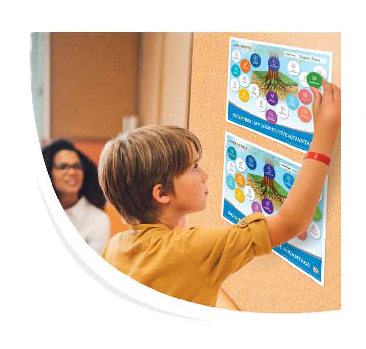 Student putting stickers on corkboard